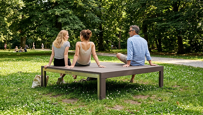 Grande banquette bois et inox, type plate-forme pour assise de repos dans parc et jardins publics.