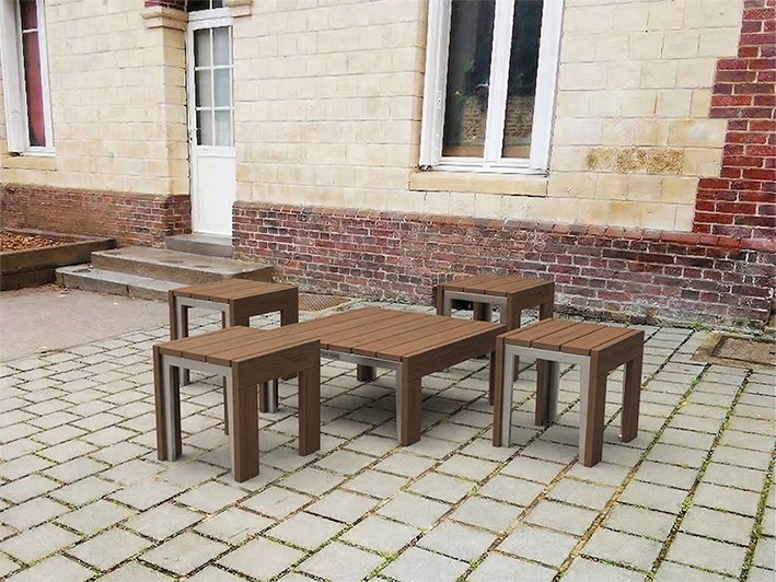 tabourets et table basse pour espace public, fabriqué en france en bois et métal