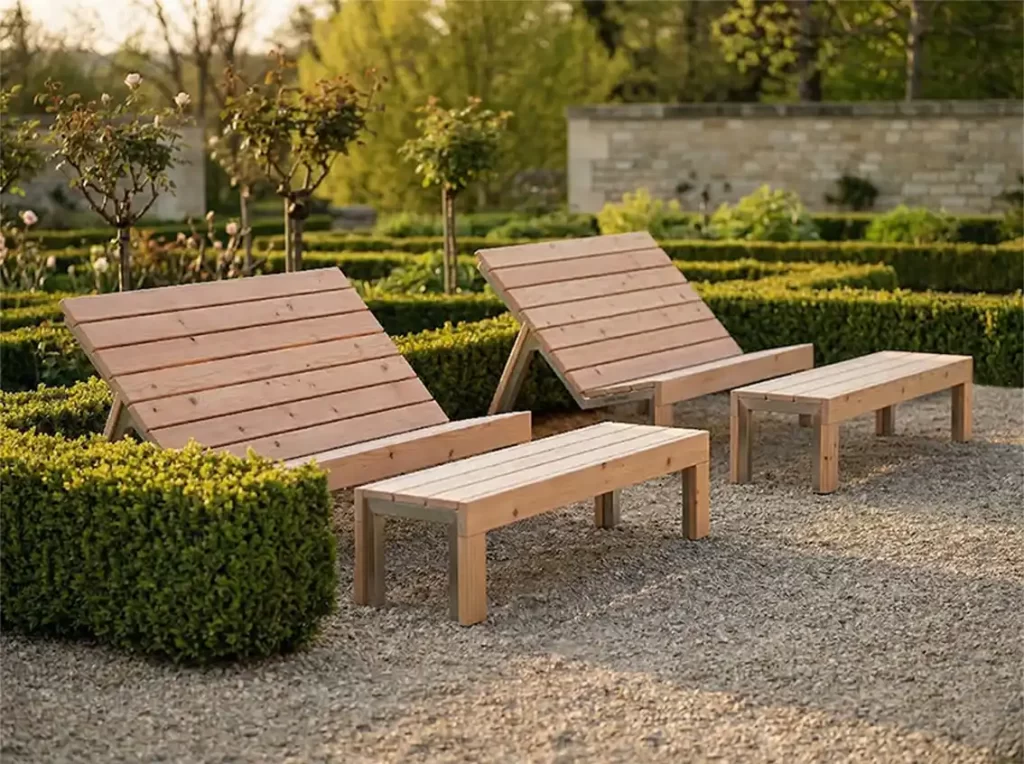 Grand banc détente en bois et repose pied pour espace urbain et naturels