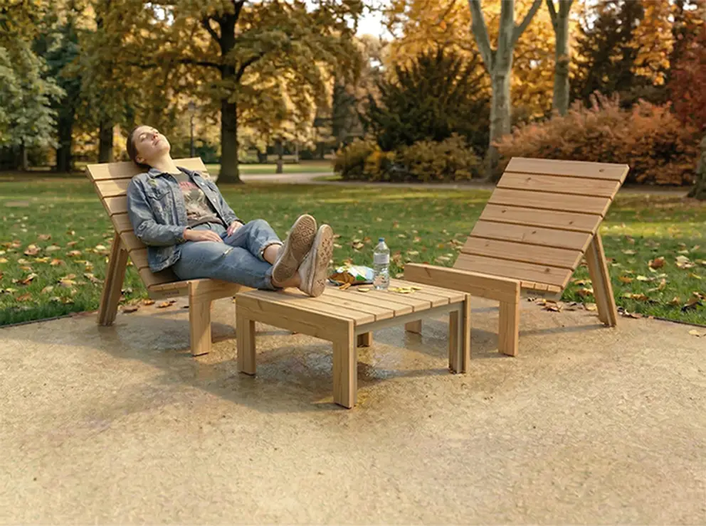 Chaise longue en Pin douglas français et inox pour aménagement urbain, parcs et espaces naturels