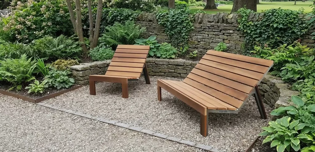 Transat design en bois naturel pour jardin public, fabriqué en bois de France